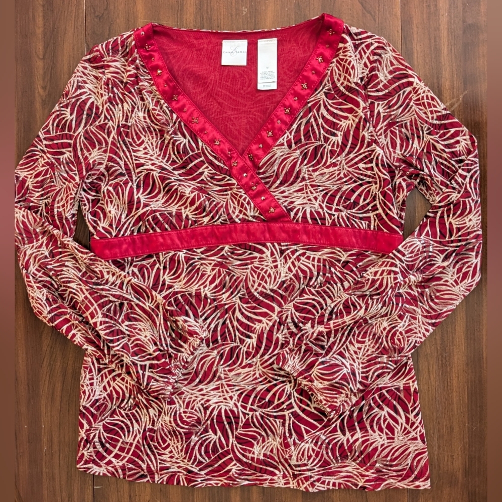 Emma James Burgundy Red Patterned Mesh Sleeve Blouse
